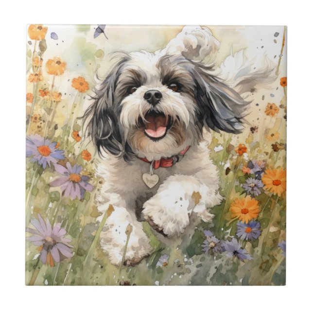 Azulejo Shih Tzu, acuarela floral (Frente)