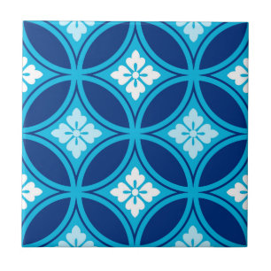 Azulejo Shippo con Motivo Floral, Azul Índigo Profundo