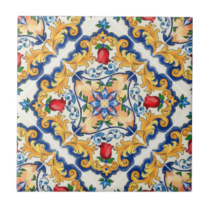 Azulejo Sicilia Majólica Mediterránea Floral Roja Azafrán
