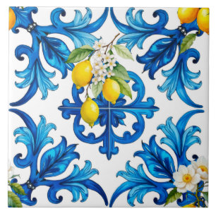 Azulejo Siciliano, verano, limón, mosaico, azul
