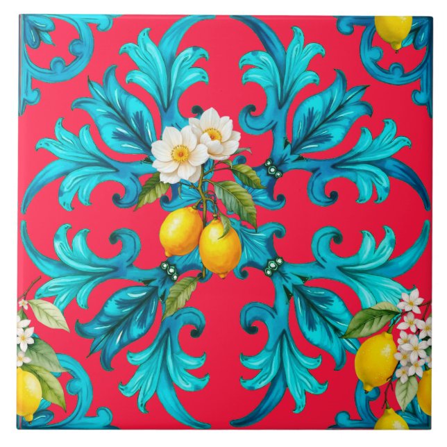 Azulejo siciliano, verano, limón, mosaico, rosa, (Frente)