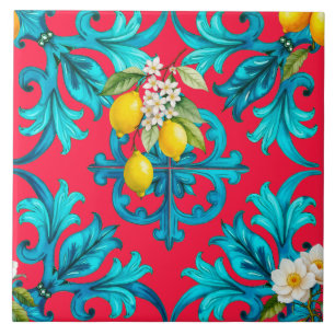 Azulejo siciliano, verano, limón, mosaico, rosa,