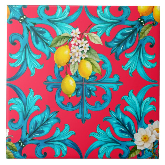 Azulejo siciliano, verano, limón, mosaico, rosa, (Frente)