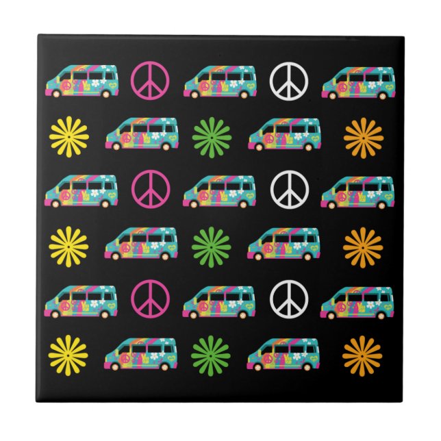 Azulejo Signo de paz de bus hippie 70 negro (Frente)