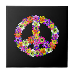 Azulejo Signo de paz floral sobre negro
