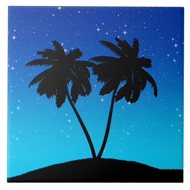 Azulejo Silhouette de árbol de palmas en la noche azul con (Frente)