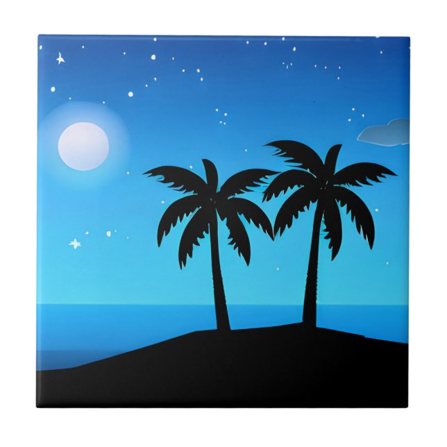 Azulejo Silhouette de isla tropical con luna y estrellas (Frente)
