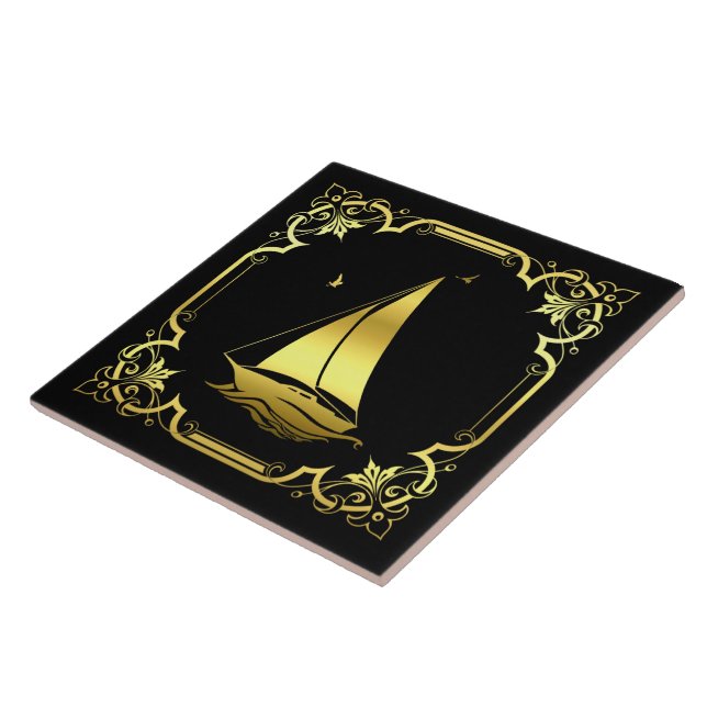 Azulejo Silhouette de vela náutica/dorada/negra (Lado)