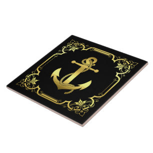 Azulejo Silueta de ancla del buque náutico/oro/negro