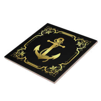 Azulejo Silueta de ancla del buque náutico/oro/negro