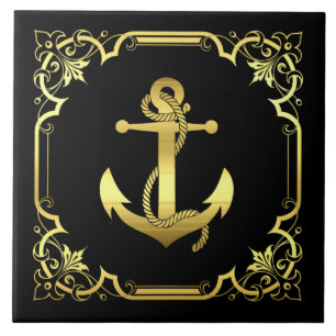 Azulejo Silueta de anclaje del buque náutico/dorado/negro