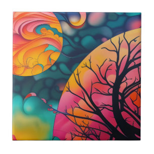Azulejo Silueta de árbol de luna llena rosa y dorado