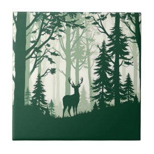 Azulejo Silueta de bosque de ciervos Escena de la naturale