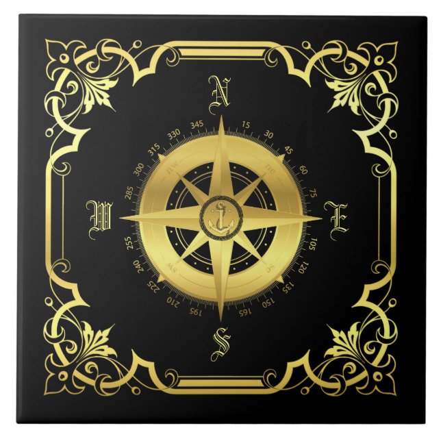 Azulejo Silueta de brújula del buque náutico/oro/negro (Frente)