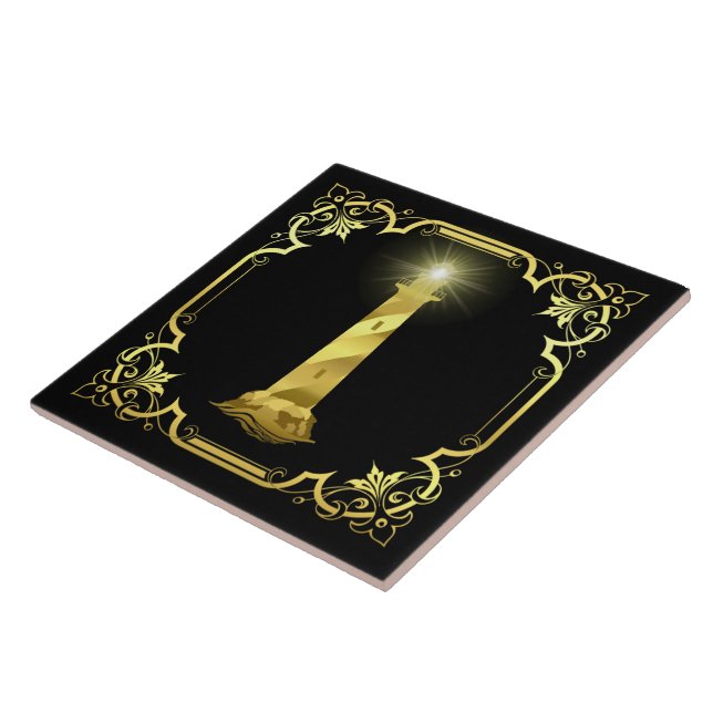 Azulejo Silueta de faro del océano náutico/dorado/negro (Lado)