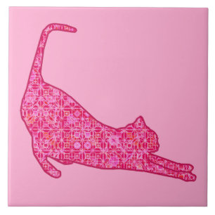 Azulejo Silueta de gato estirándose en batik rosa fucsia