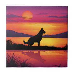 Azulejo Silueta de perro al atardecer
