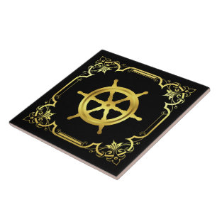 Azulejo Silueta de rueda del buque náutico/oro/negro