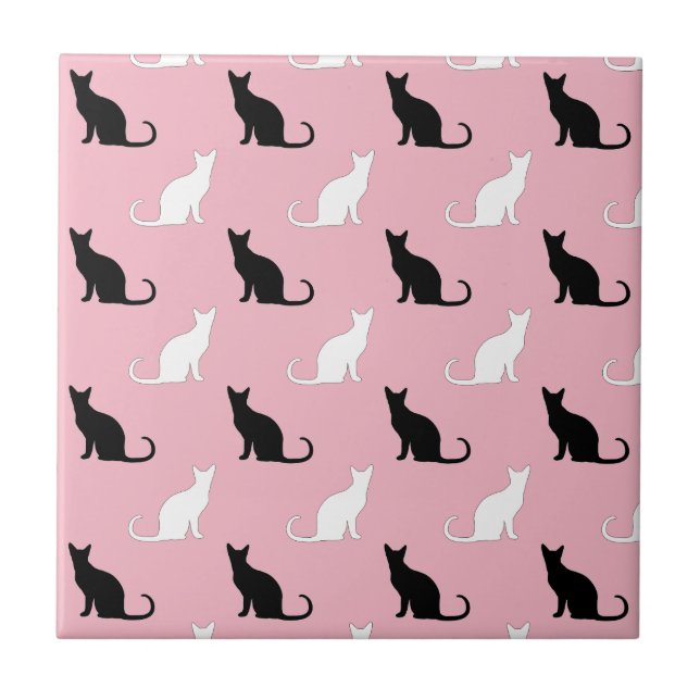 Azulejo Siluetas De Gatos Blancos Y Negros En Rosa (Frente)