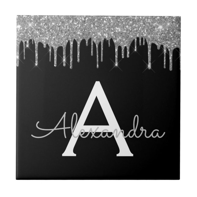 Azulejo Silver Black Luxury Purpurina Glam Monograma Nombr (Frente)