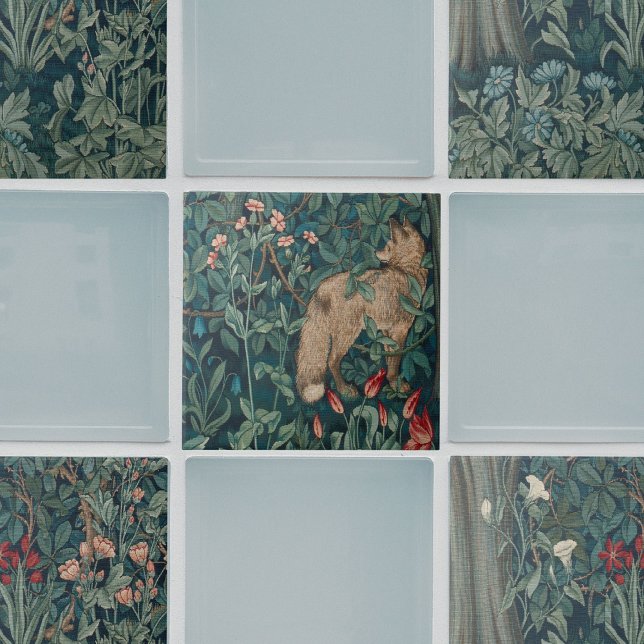 Azulejo Silvicultura 2 del bosque William Morris (Wildflower tiles at corners with William Morris Fox tile in center of sage green tiles.)