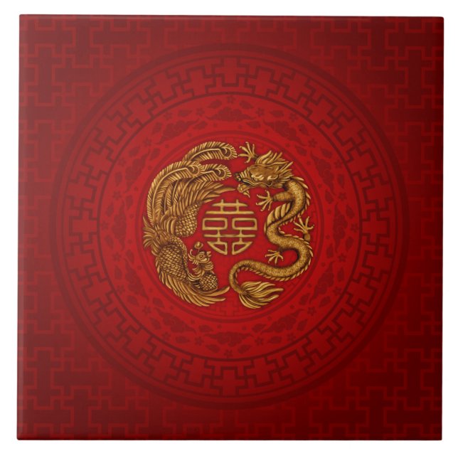 Azulejo Símbolo de felicidad doble con Phoenix y Dragon (Frente)
