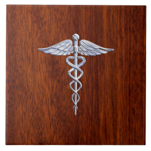 Azulejo Símbolo médico de plata como Caduceus Impresión