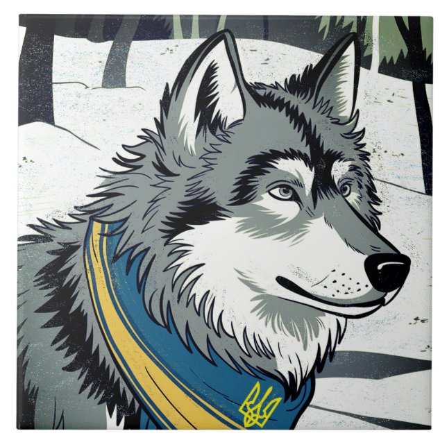 Azulejo Símbolo ucraniano de lobo, arte fuerte y orgulloso (Frente)