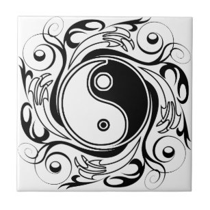 Azulejo Símbolo Yin & Yang estilo Tatuaje blanco y negro