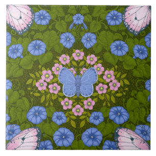 Azulejo Simetría de mariposas y flores, azul y rosa