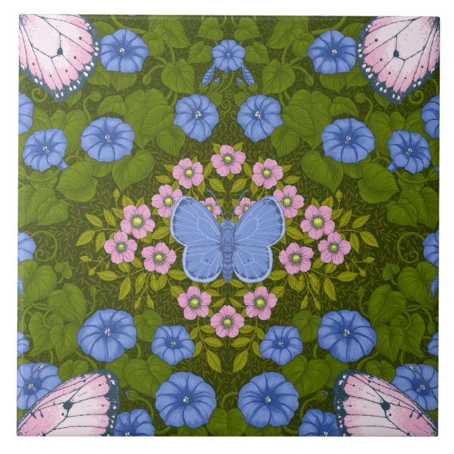 Azulejo Simetría de mariposas y flores, azul y rosa (Frente)