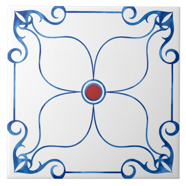 Azulejo Simetría Floral Tile Cerámico Mediterráneo (Rojo) (Frente)