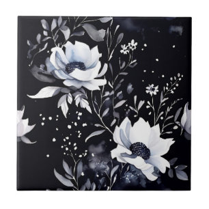 Azulejo Sinfonía floral acuática de medianoche en negro