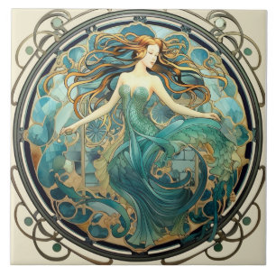 Azulejo Sirena Art Nouveau en Verde Acuario y Ámbar