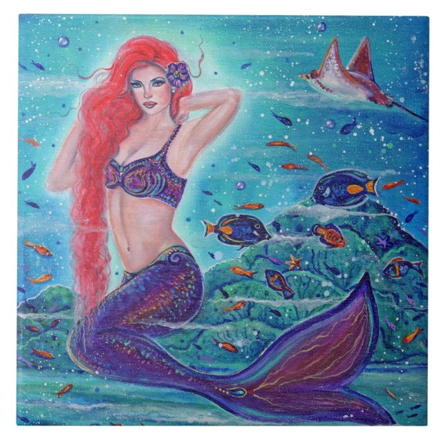 Azulejo Sirena con arte de pescado por Renee Lavoie (Frente)