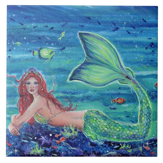 Azulejo Sirena con arte de pescado por Renee Lavoie (Frente)
