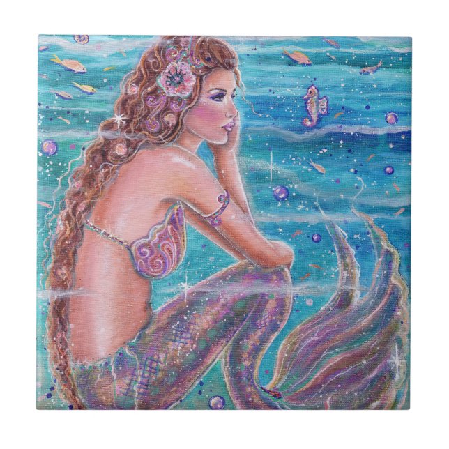 Azulejo Sirena con caballitos de mar de Renee Lavoie (Frente)