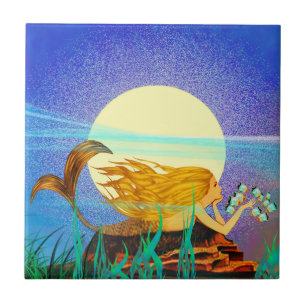 Azulejo Sirena con peces y luna