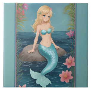 Azulejo Sirena Cuta - chica Personalizado rubio con cola a