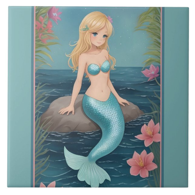 Azulejo Sirena Cuta - chica Personalizado rubio con cola a (Frente)