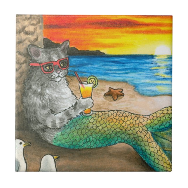 Azulejo Sirena de gato 25 Beach Sunset (Frente)