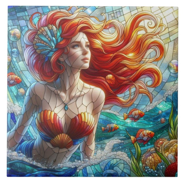 Azulejo Sirena de Vidrio Pintado (Frente)