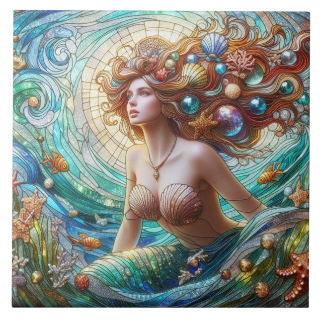 Azulejo Sirena de Vidrio Pintado (Frente)