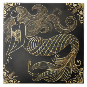 Azulejo Sirena Dorada Elegante Art Deco