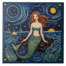 Sirena en el mar nocturno cuento de hadas azul osc