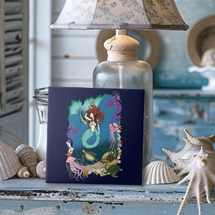 Azulejo Sirena Mística Fantasía Oceánica Azul Vida Marina