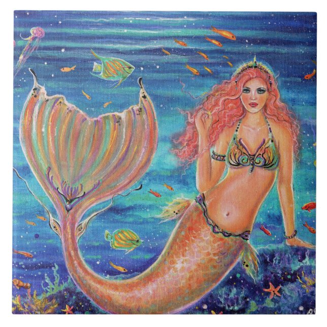 Azulejo Sirena naia con peces tropicales de Renee Lavoie (Frente)