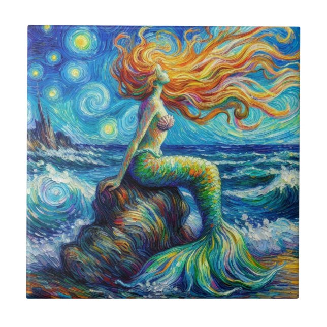 Azulejo Sirena Pelirroja Estilo Van Gogh (Frente)