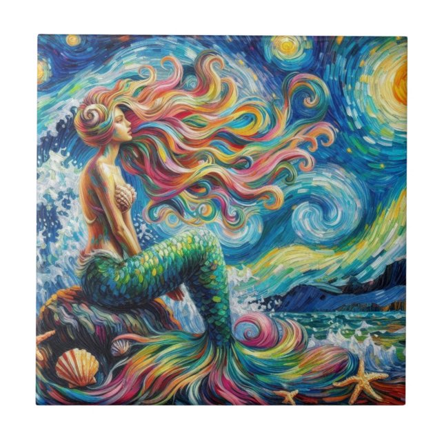 Azulejo Sirena Pelirroja Estilo Van Gogh (Frente)