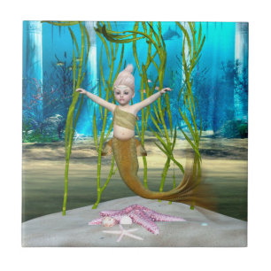Azulejo Sirena Pequeña Fantasía Niña, Océano Azul